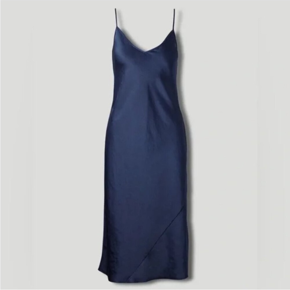 Aritzia Wilfred Navy Blue V-Neck Slip Midi Satin Dress